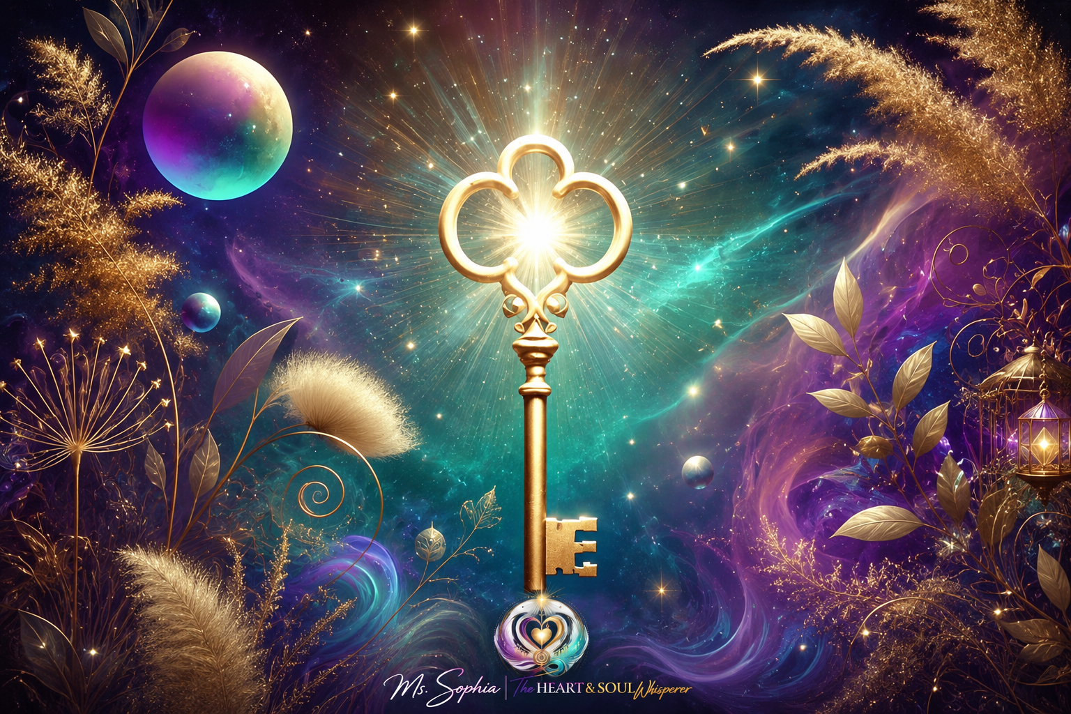 A glowing key surrounded by teal, violet, and gold light